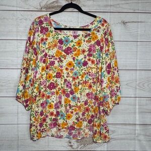 Haptics by Holly Harper Womens 3X Floral Babydoll Blouse Yellow Hippie Insired
